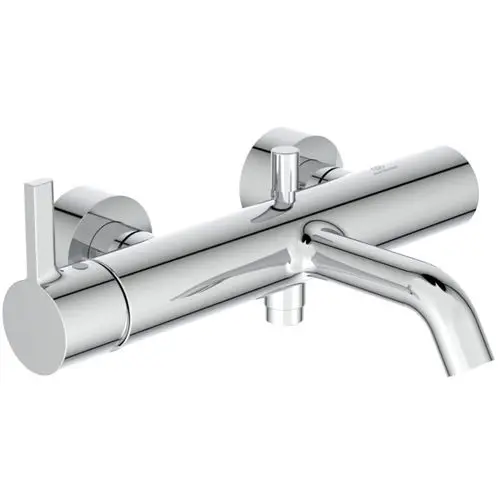 Chrom glänzende Badearmatur von Ideal Standard mit zwei Bedienelementen und einem Wasserhahn, wandmontiert, geeignet für Badezimmerinstallationen.